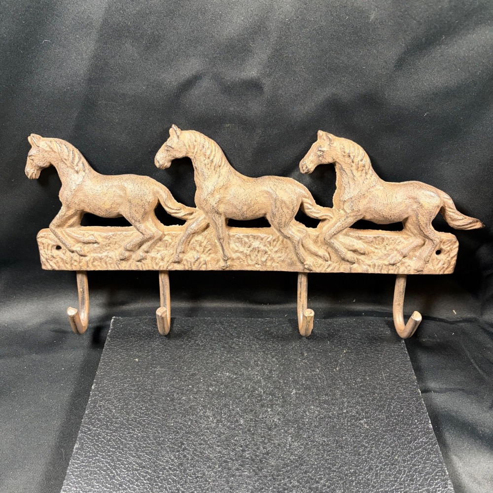 Vintage Cast Iron Horse Wall Rack 4 Hooks Rustic Equestrian Decor 12.5 Inch